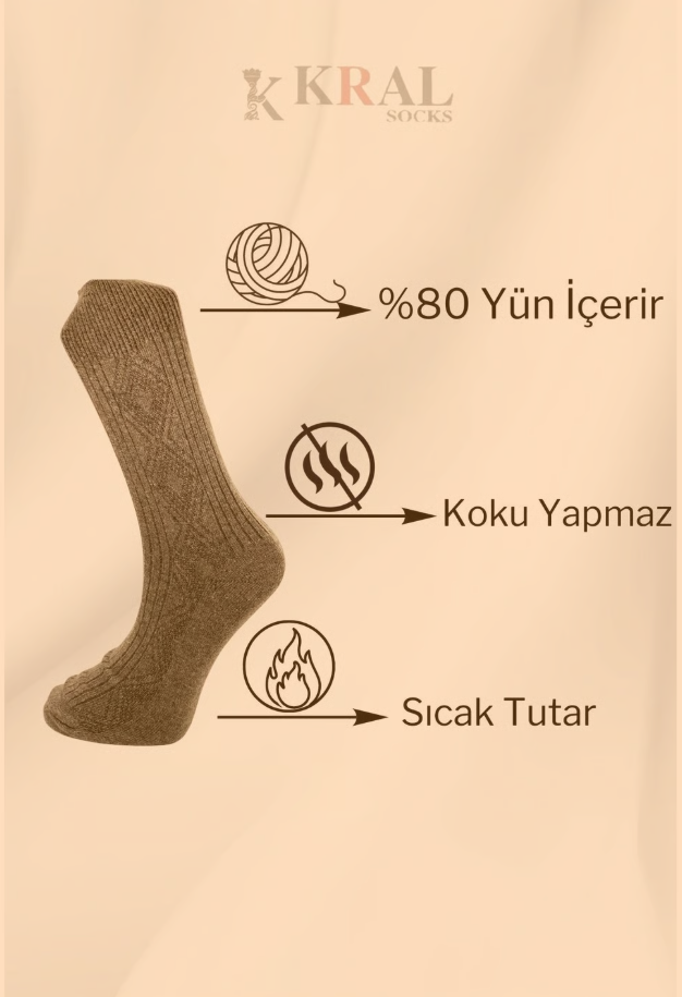 Erkek Kışlık (5 ÇİFT) Lambswool Yün Çorap Termal Etkili