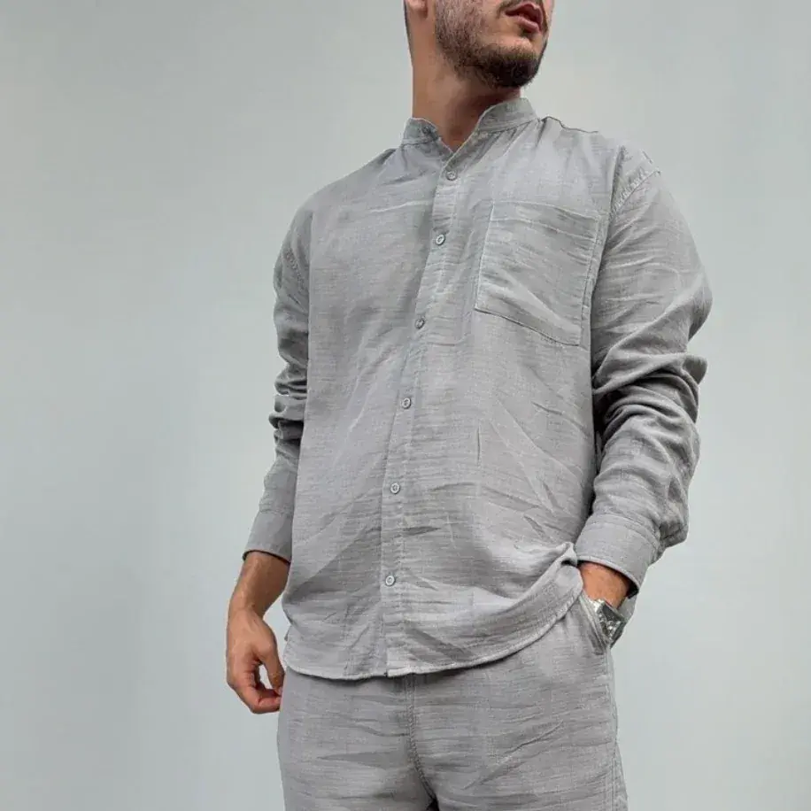 Müslin Kumaş Hakim Yaka Rahat Kalıp Oversize Gömlek - Gri