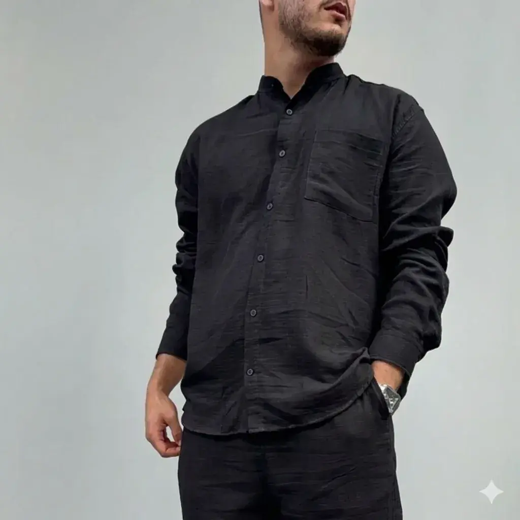 Müslin Kumaş Hakim Yaka Rahat Kalıp Oversize Gömlek - Siyah