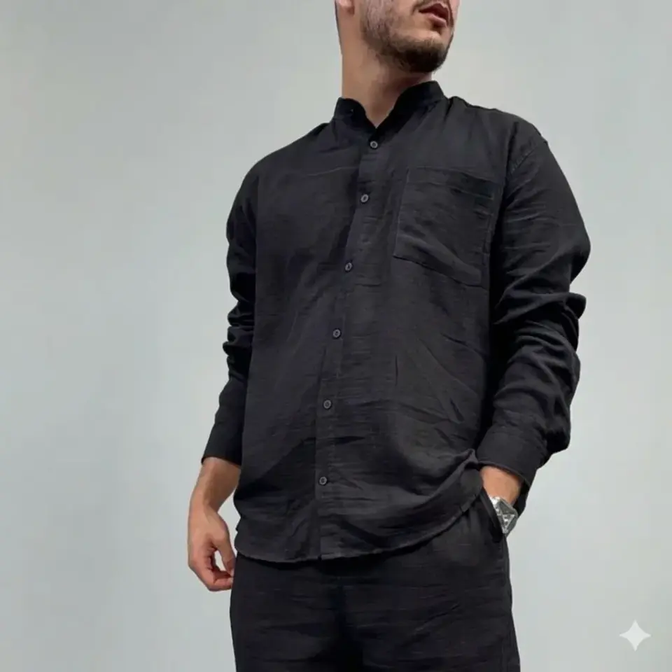 Müslin Kumaş Hakim Yaka Rahat Kalıp Oversize Gömlek - Siyah